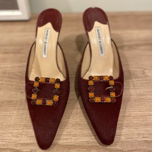 MANOLO BLAHNIK pony hair jewel slides